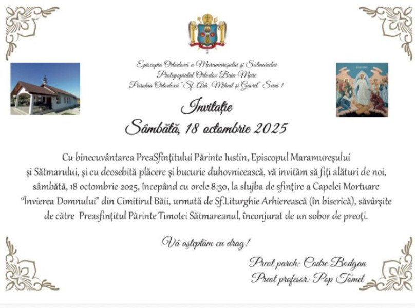Sfințirea Capelei Mortuare „Învierea Domnului” din Seini, sâmbătă dimineață